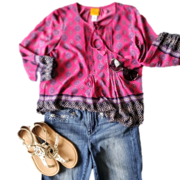 2/$35 SALE RUBY Rd Boho Peasant  Deep Pink flowy sleeve blouse. Size PS LIKE NEW - Picture 10 of 10